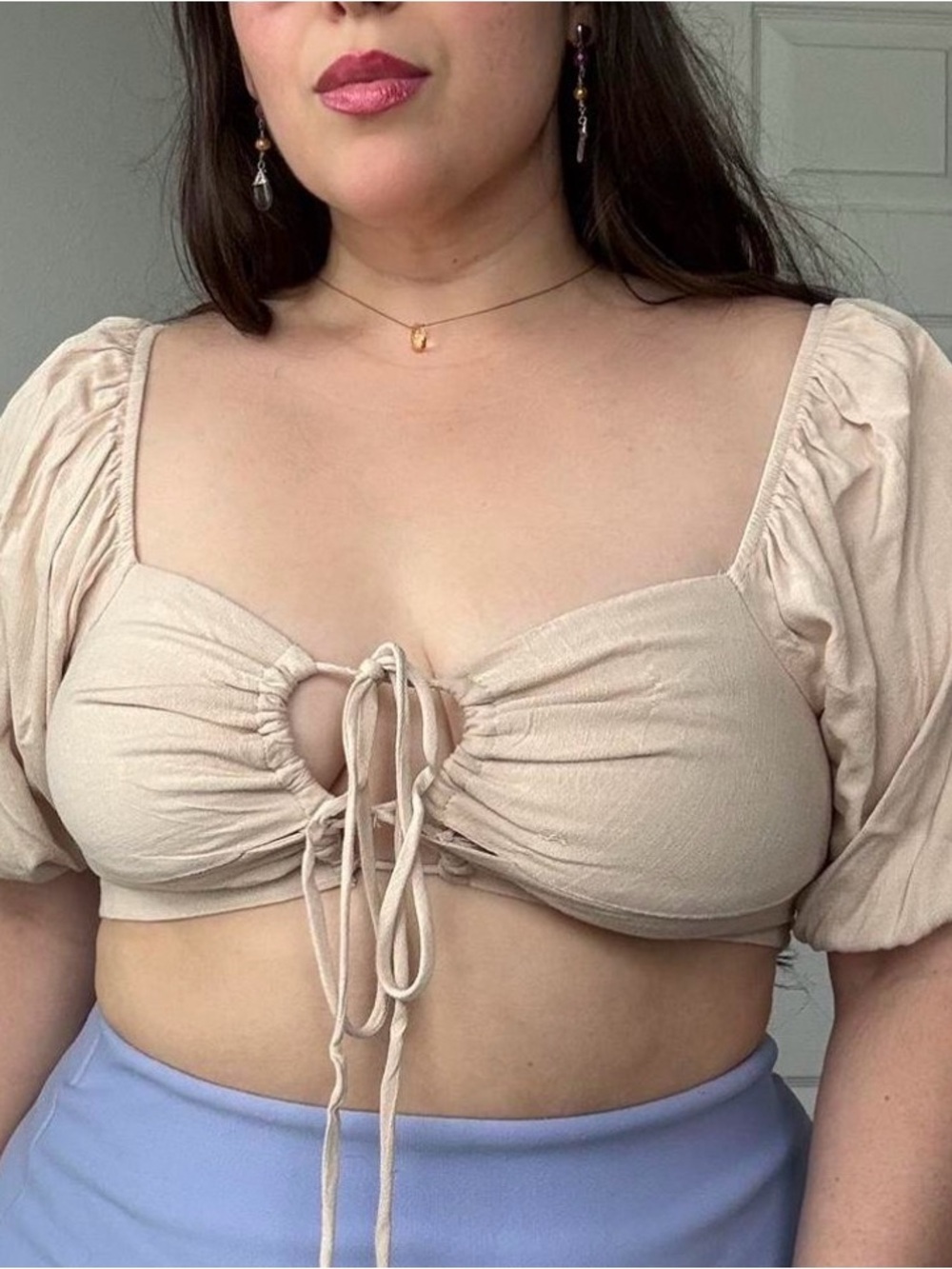 wild fable Beige Ruched Keyhole Puff-Sleeve Crop Top XL
